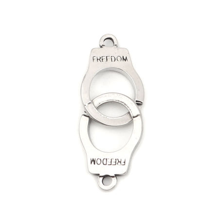 Picture of 304 Stainless Steel Connectors Handcuffs Silver Tone Message " freedom " 41mm x 15mm, 1 Piece