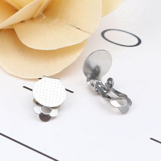 Picture of 304 Stainless Steel Non Piercing Clip-on Earrings Round Silver Tone Dot Glue On (Fits 10mm Dia.) 15mm x 10mm, 10 PCs
