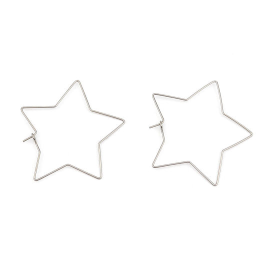 Picture of Stainless Steel Hoop Earrings Pentagram Star Silver Tone 40mm x 40mm, Post/ Wire Size: (21 gauge), 50 PCs