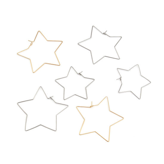 Bild von Stainless Steel Hoop Earrings Pentagram Star Silver Tone 40mm x 40mm, Post/ Wire Size: (21 gauge), 50 PCs