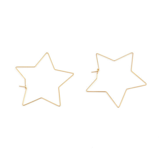Bild von Stainless Steel Hoop Earrings Pentagram Star Gold Plated 50mm x 50mm, Post/ Wire Size: (21 gauge), 10 PCs