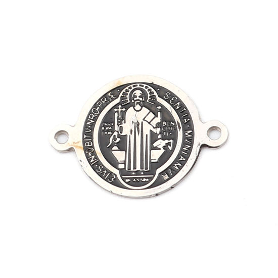 Picture of 304 Stainless Steel Religious Connectors Round Silver Tone Black Jesus Enamel 19mm x 14mm, 1 Piece