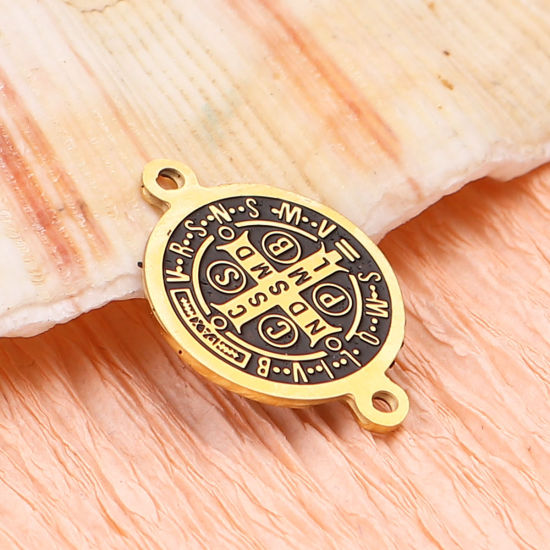 Immagine di 304 Acciaio Inossidabile Religione Connettore Tondo Oro Placcato Nero Gesù Smalto 19mm x 14mm, 1 Pz