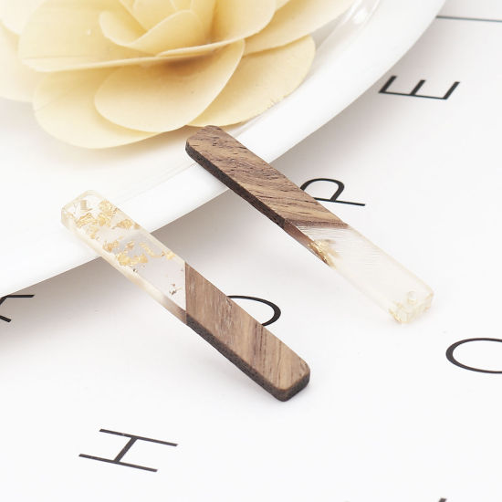Immagine di Legno & Resina Charm Resina Effetto Legno Ciondoli Rettangolo Naturale Stagnola 52mm x 7mm, 5 Pz