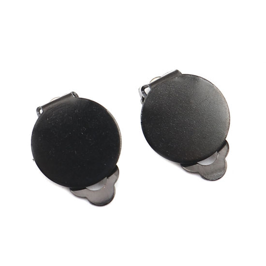 Image de Boucles d'Oreilles à Clip en 304 Acier Inoxydable Rond Noir Cabochon Rapportable (Adapté à 12mm Dia ) 18mm x 12mm, 10 Pcs