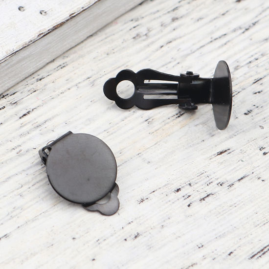 Picture of 304 Stainless Steel Ear Clips Earrings Round Black Cabochon Settings (Fits 12mm Dia.) 18mm x 12mm, 10 PCs