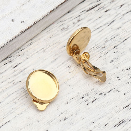 Picture of 304 Stainless Steel Ear Clips Earrings Round Gold Plated Cabochon Settings (Fits 12mm Dia.) 17mm x 14mm, 10 PCs