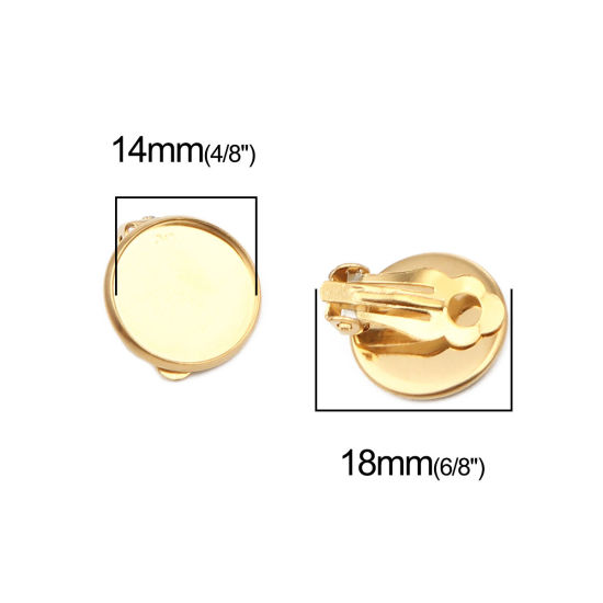 Picture of 304 Stainless Steel Non Piercing Clip-on Earrings Round Gold Plated Cabochon Settings (Fits 14mm Dia.) 18mm x 16mm, 10 PCs