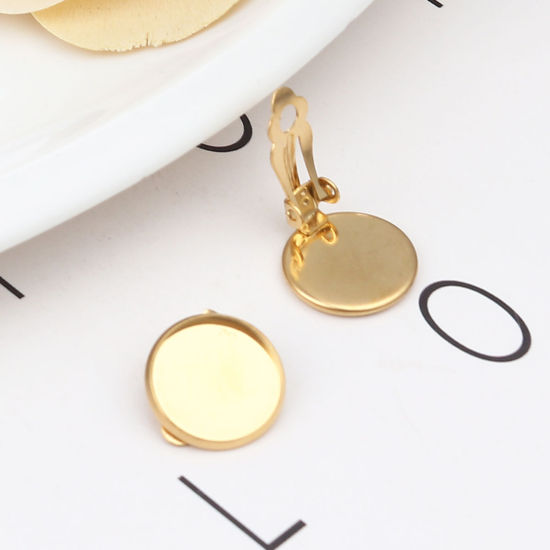 Picture of 304 Stainless Steel Non Piercing Clip-on Earrings Round Gold Plated Cabochon Settings (Fits 14mm Dia.) 18mm x 16mm, 10 PCs