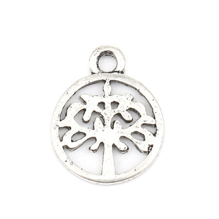 Zinc Based Alloy Charms Round Antique Silver Color Tree 15mm x 11mm, 50 PCs
