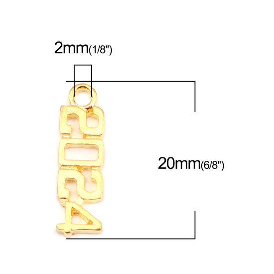 Bild von Zinklegierung Jahr Charms Nummer Vergoldet Message " 2024 " 20mm x 6mm, 50 Stück