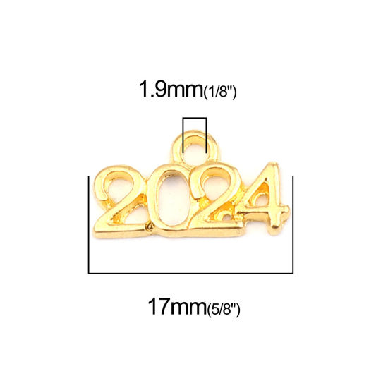 Immagine di Zinc Based Alloy Year Charms Number Gold Plated Message " 2024 " 17mm x 9mm, 50 PCs