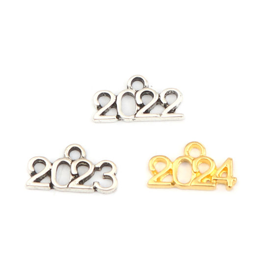 Immagine di Zinc Based Alloy Year Charms Number Gold Plated Message " 2024 " 17mm x 9mm, 50 PCs