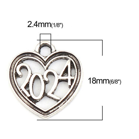 Immagine di Zinc Based Alloy Year Charms Heart Antique Silver Color Number Message " 2024 " 18mm x 17mm, 20 PCs