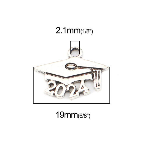 Picture of Zinc Based Alloy Year Charms Number Antique Silver Color Trencher Cap Message " 2024 " 19mm x 14mm, 20 PCs