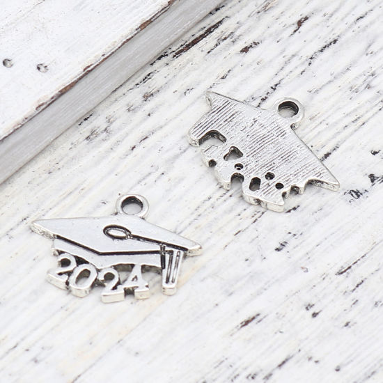 Picture of Zinc Based Alloy Year Charms Number Antique Silver Color Trencher Cap Message " 2024 " 19mm x 14mm, 20 PCs