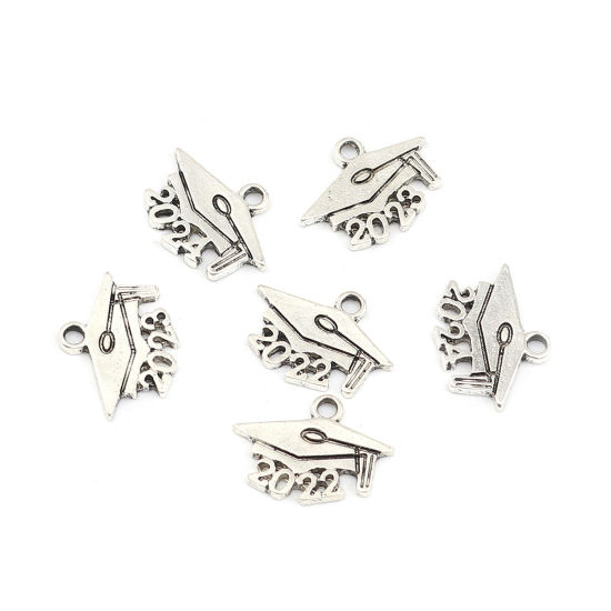 Picture of Zinc Based Alloy Year Charms Number Antique Silver Color Trencher Cap Message " 2024 " 19mm x 14mm, 20 PCs