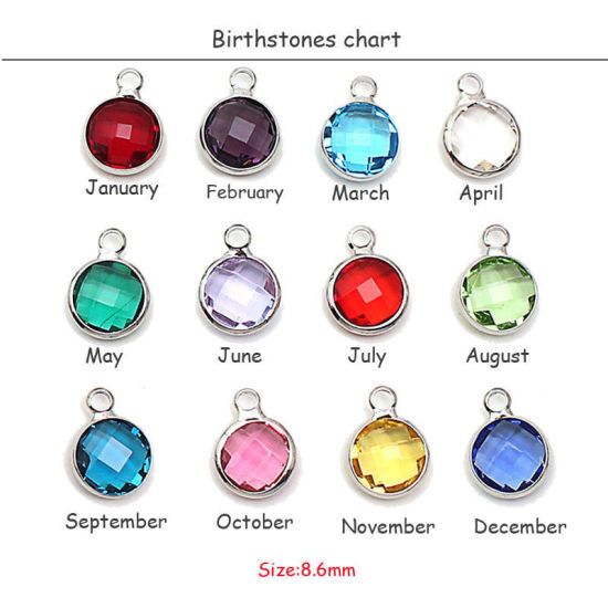 Picture of 5 PCs Brass & Glass Birthstone Charms Silver Tone Wine Red Round January 8.6mm Dia.