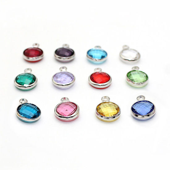 Picture of 5 PCs Brass & Glass Birthstone Charms Silver Tone Wine Red Round January 8.6mm Dia.