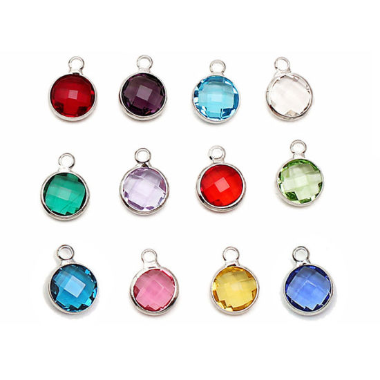 Picture of 5 PCs Brass & Glass Birthstone Charms Silver Tone Wine Red Round January 8.6mm Dia.