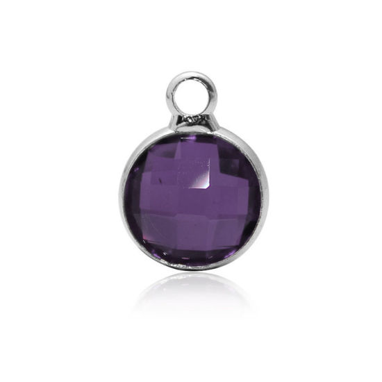 Picture of Zinc Based Alloy & Glass Birthstone Charms Round February Silver Tone Dark Purple 8.6mm Dia., 5 PCs