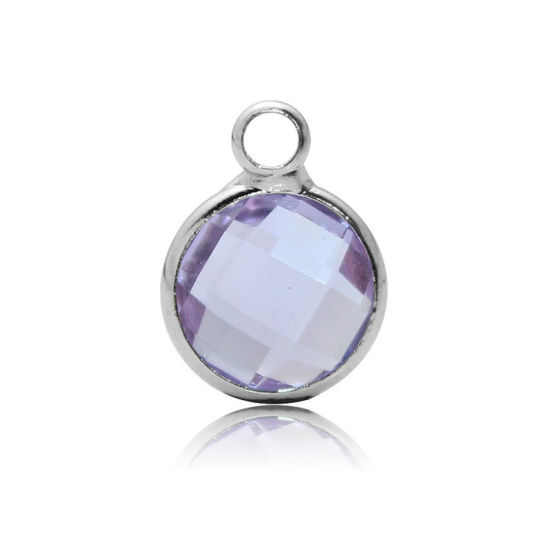 Picture of Zinc Based Alloy & Glass Birthstone Charms Round June Silver Tone Mauve 8.6mm Dia., 5 PCs