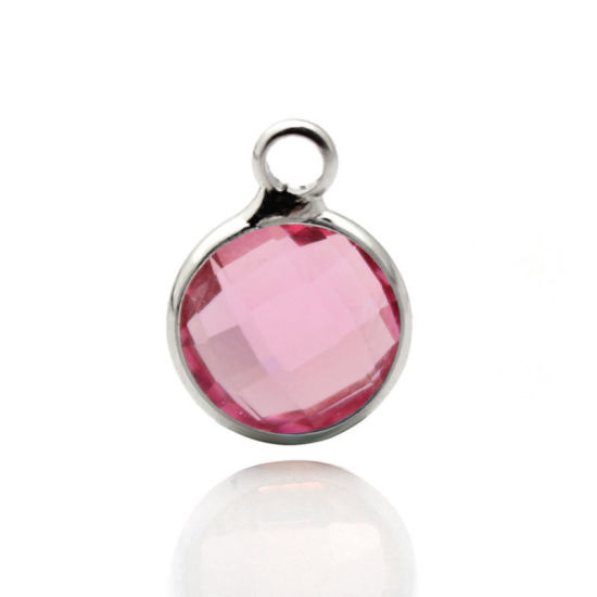 Picture of Zinc Based Alloy & Glass Birthstone Charms Round October Silver Tone Pink 8.6mm Dia., 5 PCs