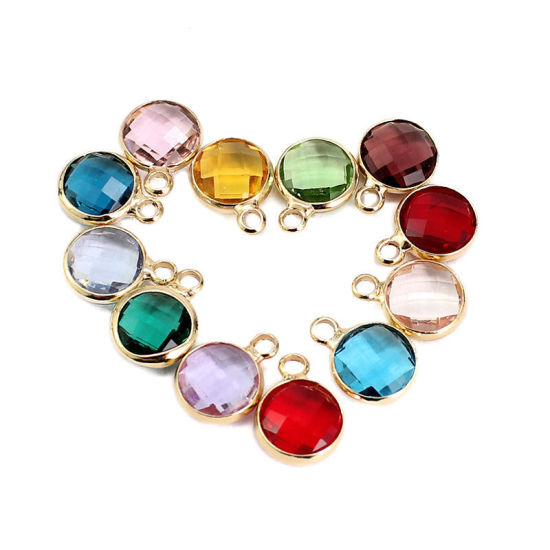 Picture of 5 PCs Brass & Glass Birthstone Charms Gold Plated Wine Red Round January 8.6mm Dia.