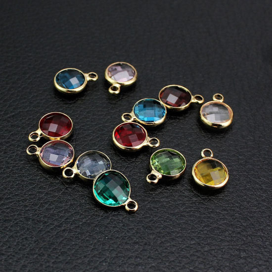 Picture of 5 PCs Brass & Glass Birthstone Charms Gold Plated Wine Red Round January 8.6mm Dia.