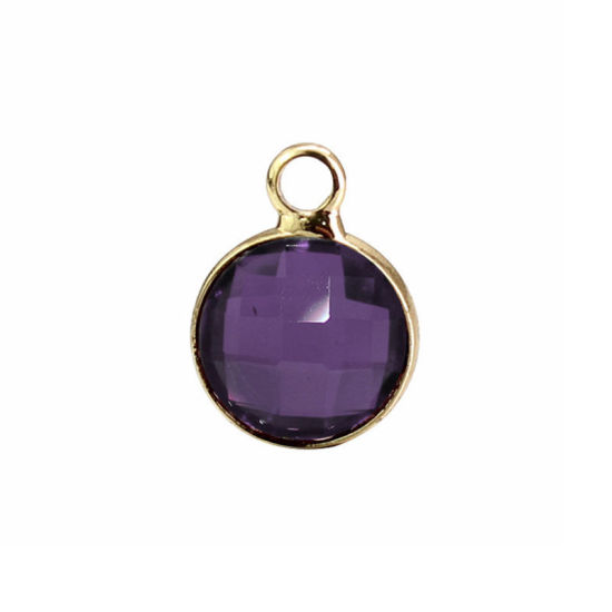 Picture of 5 PCs Brass & Glass Birthstone Charms Gold Plated Dark Purple Round February 8.6mm Dia.