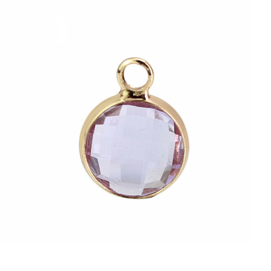 Picture of 5 PCs Brass & Glass Birthstone Charms Gold Plated Mauve Round June 8.6mm Dia.