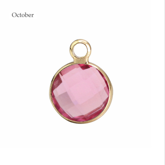 Picture of 5 PCs Brass & Glass Birthstone Charms Gold Plated Pink Round October 8.6mm Dia.