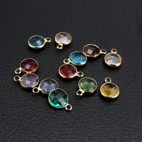 Picture of 5 PCs Brass & Glass Birthstone Charms Gold Plated Pink Round October 8.6mm Dia.