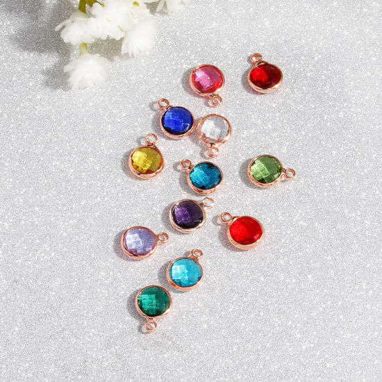 Picture of 5 PCs Brass & Glass Birthstone Charms Rose Gold Wine Red Round January 8.6mm Dia.