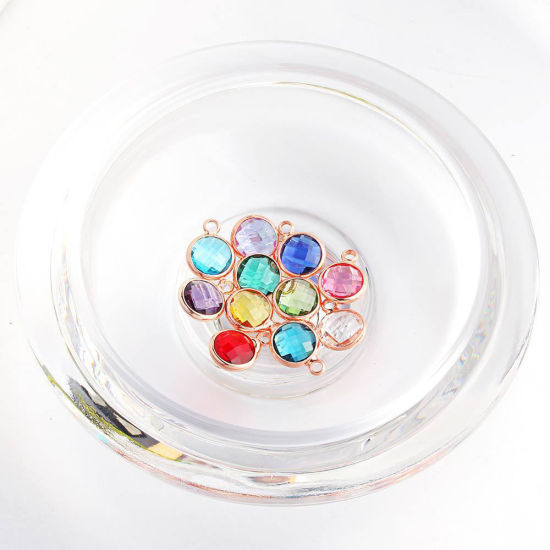 Picture of 5 PCs Brass & Glass Birthstone Charms Rose Gold Wine Red Round January 8.6mm Dia.