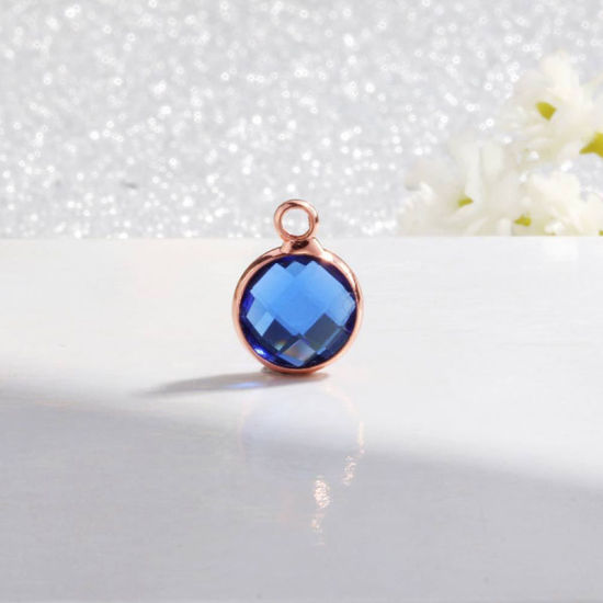 Picture of Zinc Based Alloy & Glass Birthstone Charms Round December Rose Gold Blue Violet 8.6mm Dia., 5 PCs