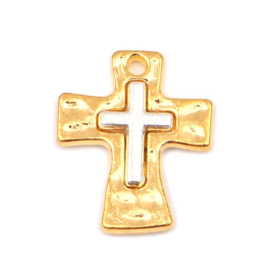 Picture of Zinc Based Alloy Religious Charms Cross Gold Plated & Silver Tone 18mm x 14mm, 10 PCs