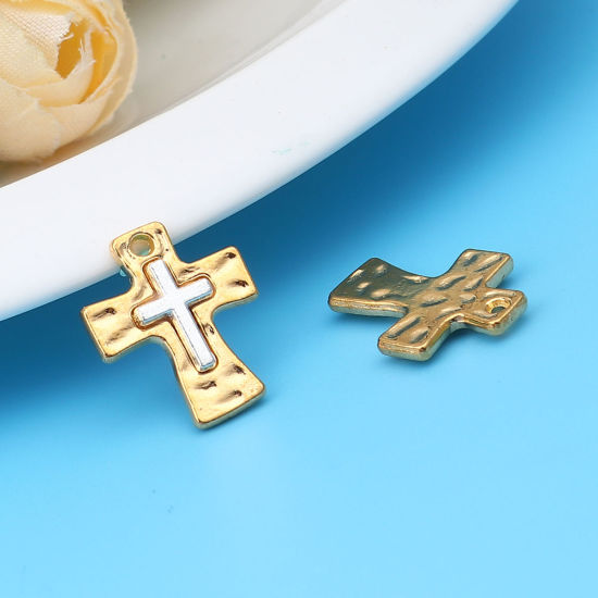 Picture of Zinc Based Alloy Religious Charms Cross Gold Plated & Silver Tone 18mm x 14mm, 10 PCs