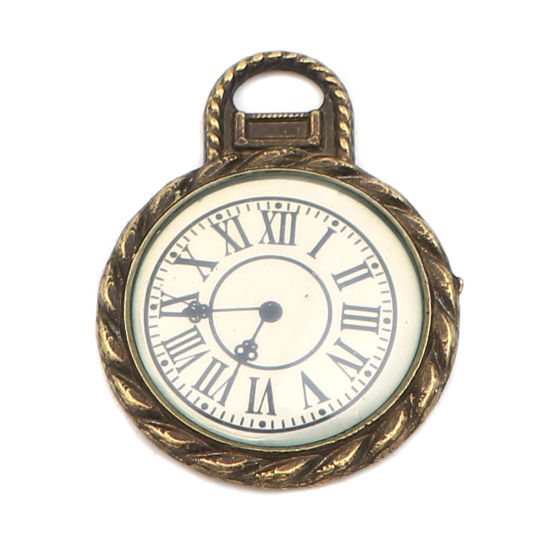 Bild von Zinklegierung Charms Taschenuhr Bronzefarbe Weiß 27mm x 21mm, 10 Stück