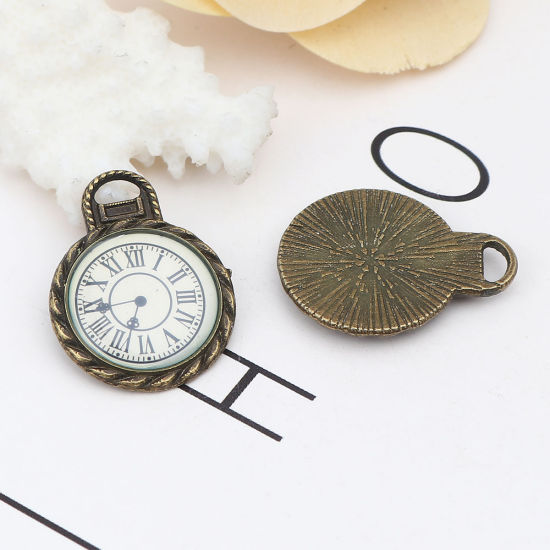 Bild von Zinklegierung Charms Taschenuhr Bronzefarbe Weiß 27mm x 21mm, 10 Stück