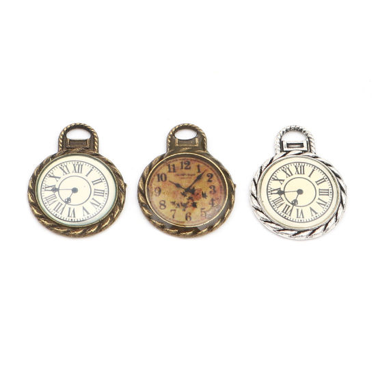 Bild von Zinklegierung Charms Taschenuhr Bronzefarbe Weiß 27mm x 21mm, 10 Stück