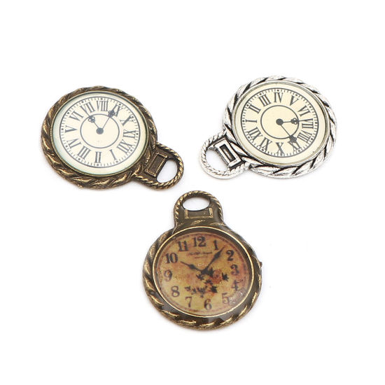 Bild von Zinklegierung Charms Taschenuhr Bronzefarbe Weiß 27mm x 21mm, 10 Stück