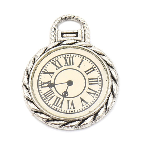 Picture of Zinc Based Alloy Charms Pocket Watch Antique Silver Color Black & White 27mm x 21mm, 10 PCs