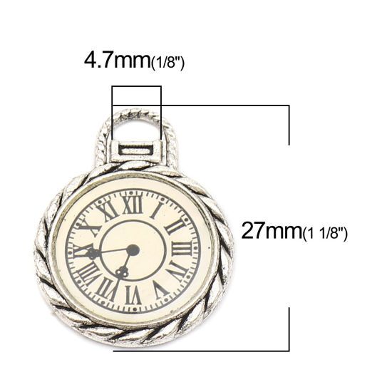 Bild von Zinklegierung Charms Taschenuhr Antiksilber Schwarz & Weiß 27mm x 21mm, 10 Stück