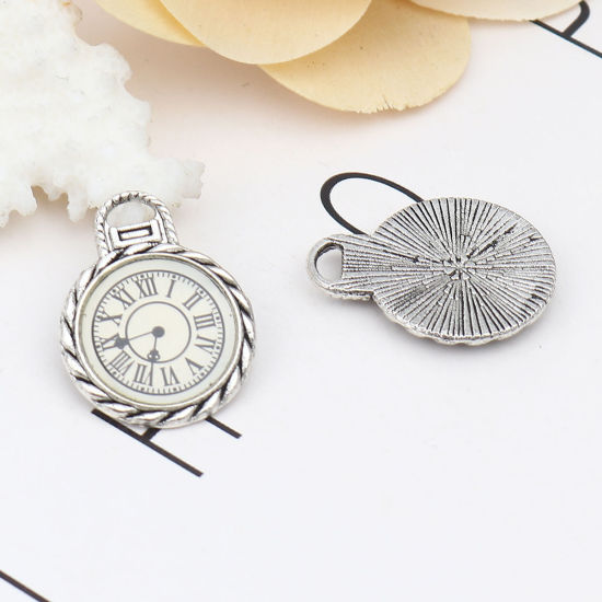 Bild von Zinklegierung Charms Taschenuhr Antiksilber Schwarz & Weiß 27mm x 21mm, 10 Stück