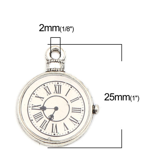 Picture of Zinc Based Alloy Charms Pocket Watch Antique Silver Color Black & White 25mm x 19mm, 10 PCs