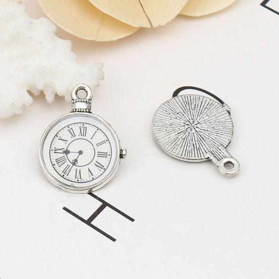 Picture of Zinc Based Alloy Charms Pocket Watch Antique Silver Color Black & White 25mm x 19mm, 10 PCs