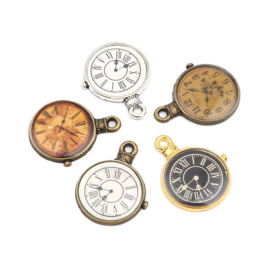 Bild von Zinklegierung Charms Taschenuhr Antiksilber Schwarz & Weiß 25mm x 19mm, 10 Stück