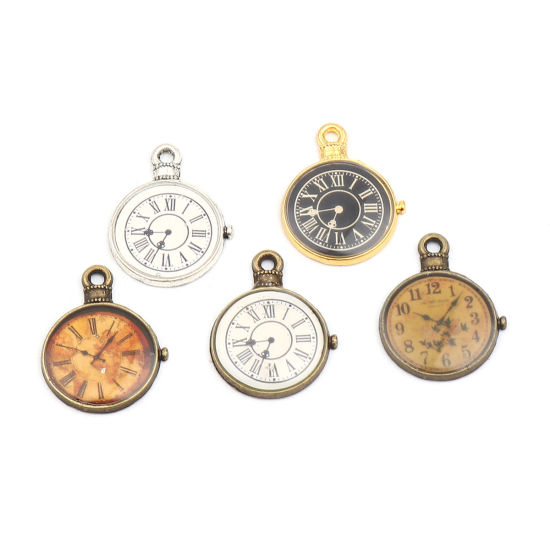 Bild von Zinklegierung Charms Taschenuhr Antiksilber Schwarz & Weiß 25mm x 19mm, 10 Stück