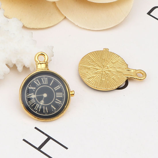 Picture of Zinc Based Alloy Charms Pocket Watch Gold Plated Black 25mm x 19mm, 10 PCs